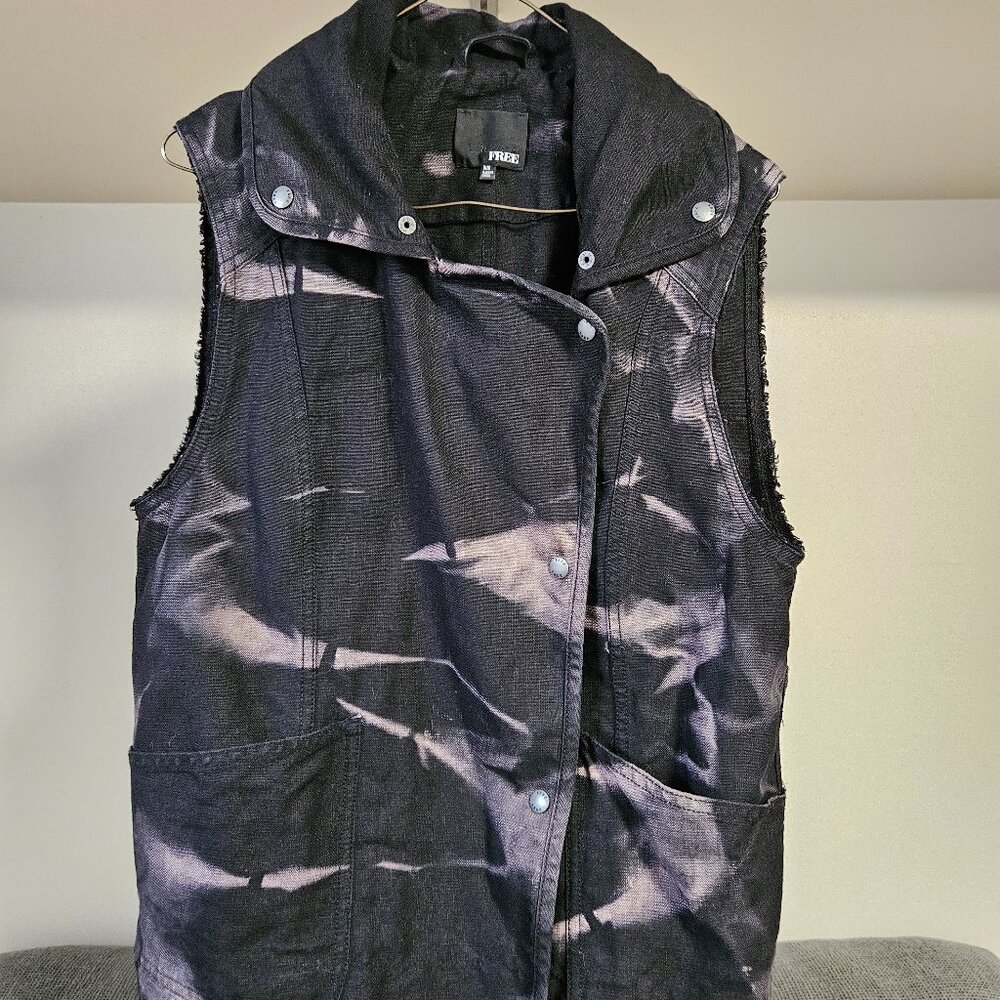Artizia WILFRED FREE Black/Beige Tie Dye Linen Cotton Oversized Moto Vest, XS